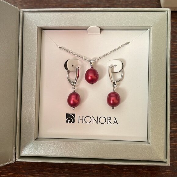 Honora - Genuine Red Pearl Necklace and Earring - Picture 2 of 4